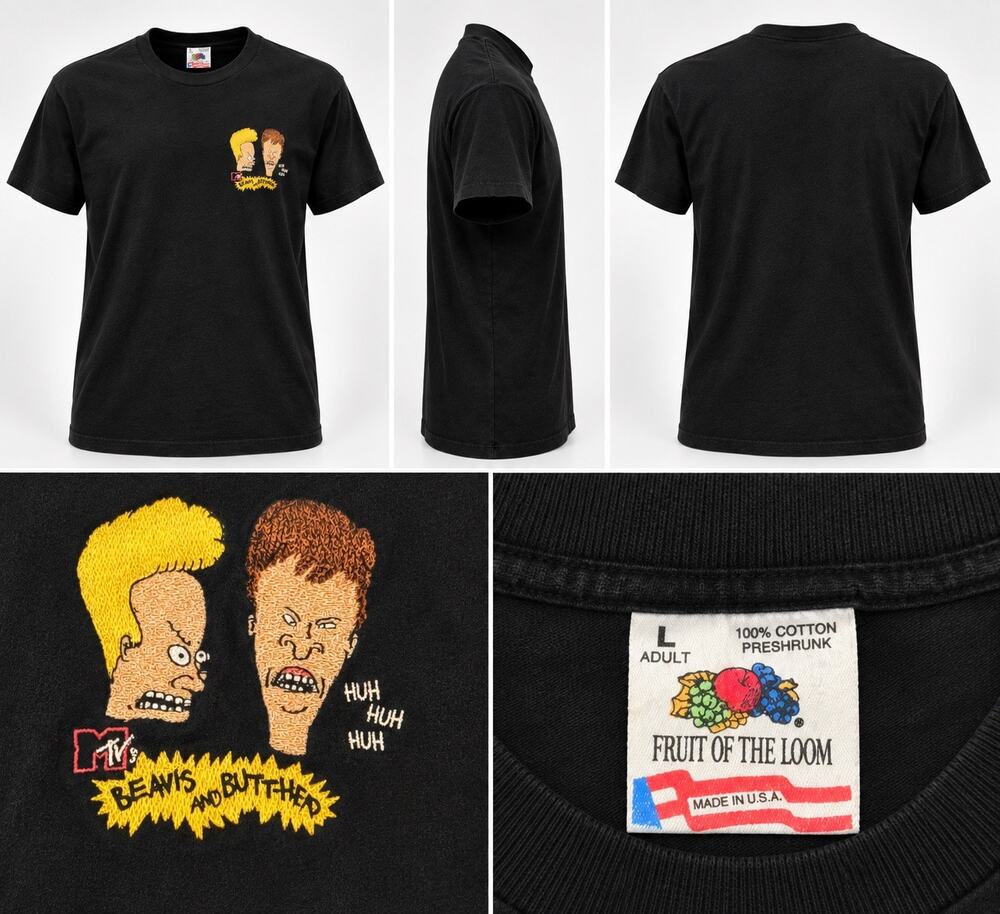 Vintage 90s MTV Beavis & Butthead Embroidered T-Shirt Black Fruit of the Loom L